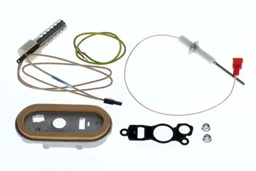Set bestehend aus mehreren Komponenten, darunter eine Zündkerze, ein Zündmodul und Dichtungen, die typischerweise in Zündsystemen verwendet werden, mit Bosch-Marke.